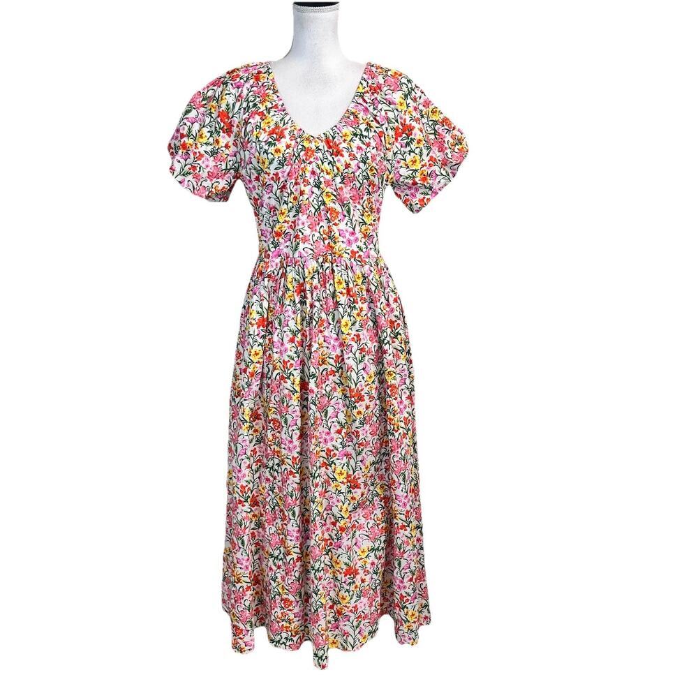 The Stock Place Dress sz Medium Pink Orange Floral Bow Garden Wedding Church